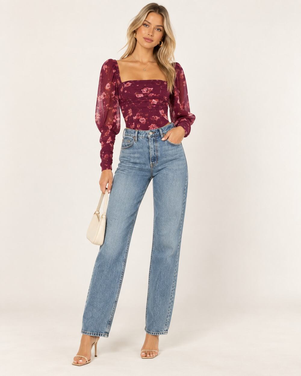 LPA Marta Floral Corset Top Burgundy Puff Sleeve Size Small